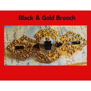 Black and Gold Costume Brooch Glass Beaded Pin Clothing Accessory Scarf Jewelry